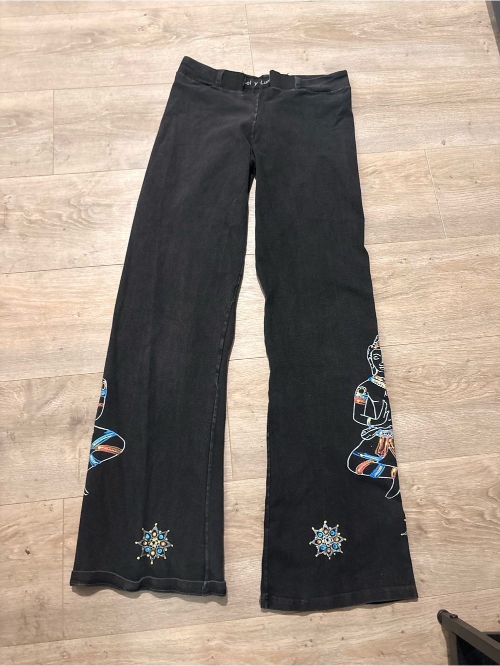 Sol y Luna  Black Wide-Leg Embroidered Leggings with Colorful Motifs